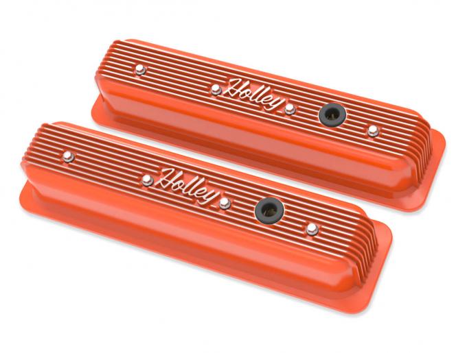 Holley Vintage Finned Valve Cover, "" Script, SBC, Center Bolt, Factory Orange Machined 241-249