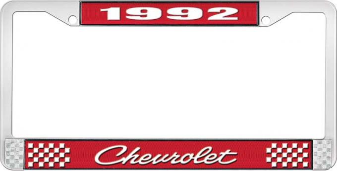 OER 1992 Chevrolet Style # 4 Red and Chrome License Plate Frame with White Lettering LF2239204C