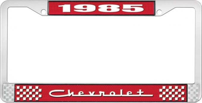 OER 1985 Chevrolet Style #5 - Red and Chrome License Plate Frame with White Lettering *LF2238505C