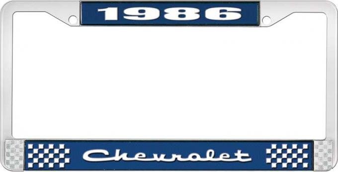 OER 1986 Chevrolet Style # 2 Blue and Chrome License Plate Frame with White Lettering LF2238602B