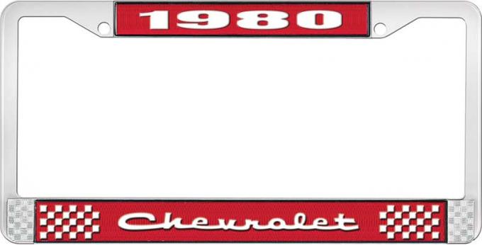 OER 1980 Chevrolet Style # 2 Red and Chrome License Plate Frame with White Lettering LF2238002C