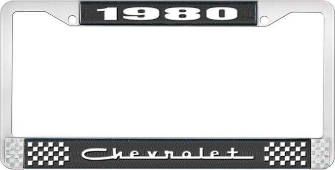 OER 1980 Chevrolet Black And Chrome License Plate Frame With White Lettering LF2238005A