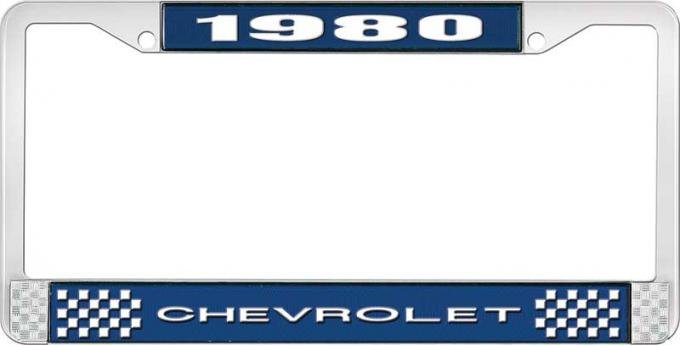 OER 1980 Chevrolet Style # 1 Blue and Chrome License Plate Frame with White Lettering LF2238001B