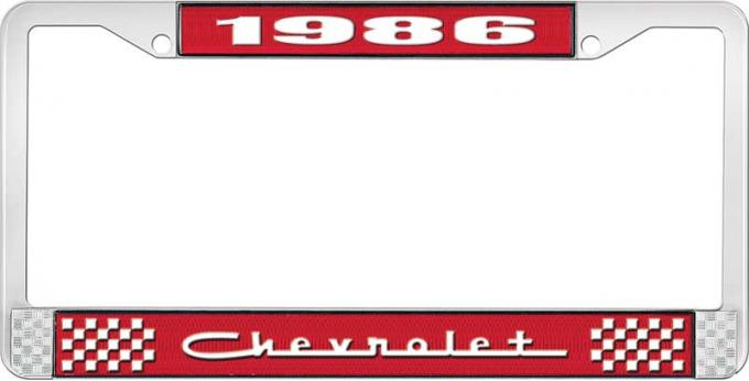 OER 1986 Chevrolet Style # 5 Red and Chrome License Plate Frame with White Lettering LF2238605C