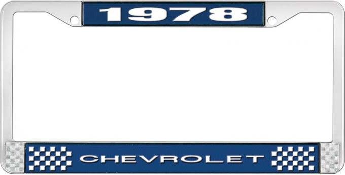 OER 1978 Chevrolet Style # 1 Blue and Chrome License Plate Frame with White Lettering LF2237801B