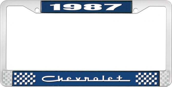 OER 1987 Chevrolet Style # 5 Blue and Chrome License Plate Frame with White Lettering LF2238705B