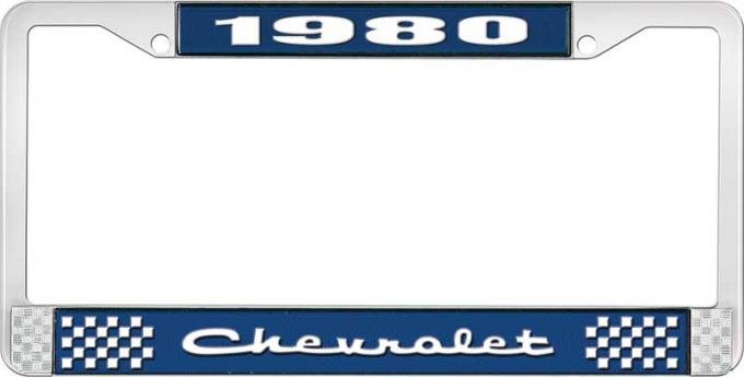 OER 1980 Chevrolet Style # 2 Blue and Chrome License Plate Frame with White Lettering LF2238002B