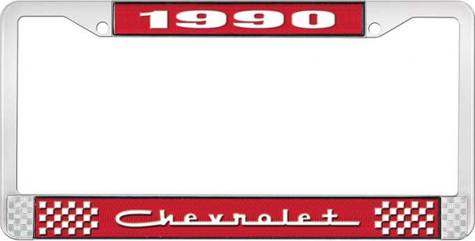 OER 1990 Chevrolet Style # 5 Red and Chrome License Plate Frame with White Lettering LF2239005C