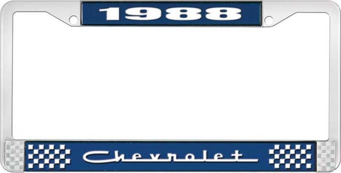 OER 1988 Chevrolet Style # 5 Blue and Chrome License Plate Frame with White Lettering LF2238805B