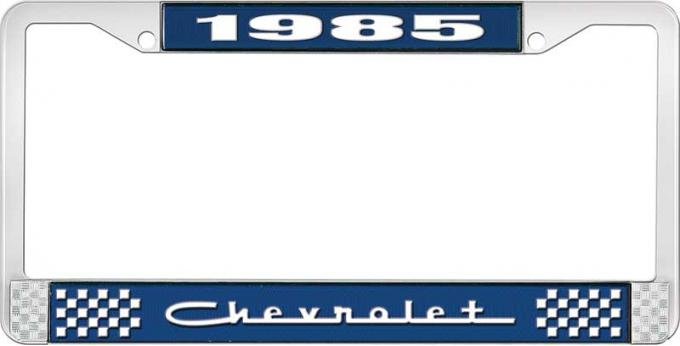 OER 1985 Chevrolet Style # 5 Blue and Chrome License Plate Frame with White Lettering LF2238505B