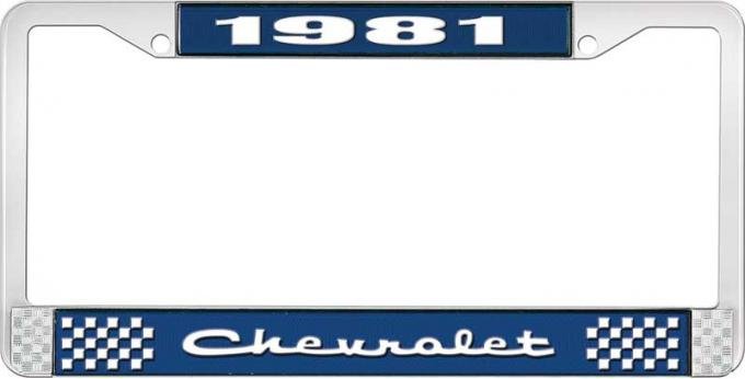 OER 1981 Chevrolet Style # 2 Blue and Chrome License Plate Frame with White Lettering LF2238102B