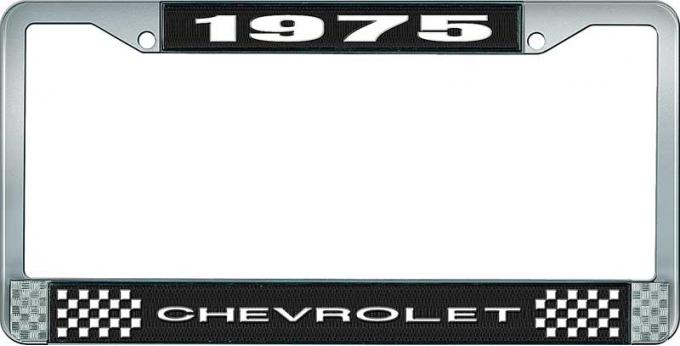 OER 1975 Chevrolet Style # 1 Black and Chrome License Plate Frame with White Lettering LF2237501A