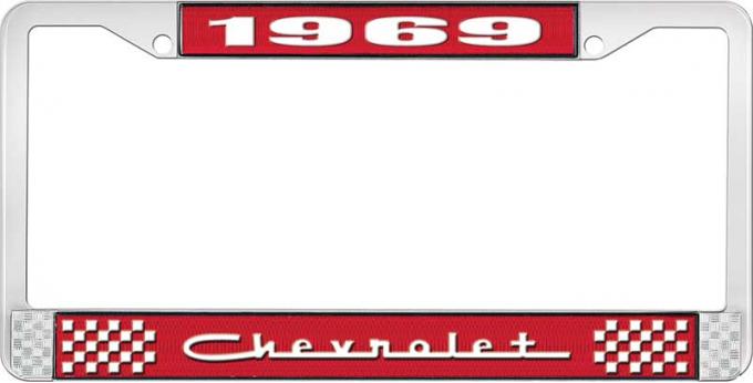 OER 1969 Chevrolet Style #5 - Red and Chrome License Plate Frame with White Lettering *LF2236905C