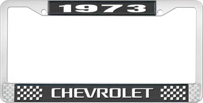 OER 1973 Chevrolet Style # 3 Black and Chrome License Plate Frame with White Lettering LF2237303A