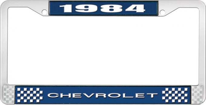 OER 1984 Chevrolet Style # 1 Blue and Chrome License Plate Frame with White Lettering LF2238401B