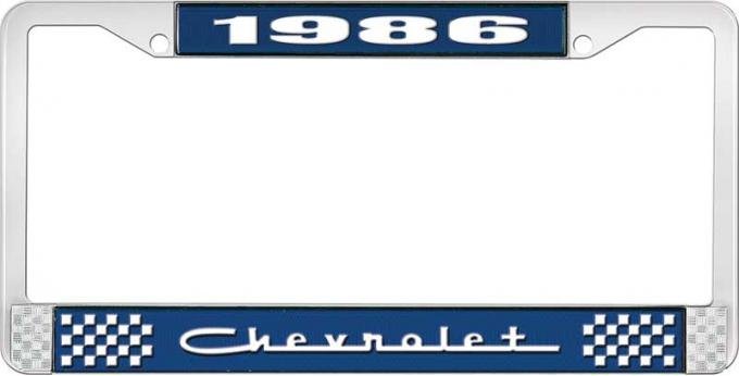 OER 1986 Chevrolet Style # 5 Blue and Chrome License Plate Frame with White Lettering LF2238605B