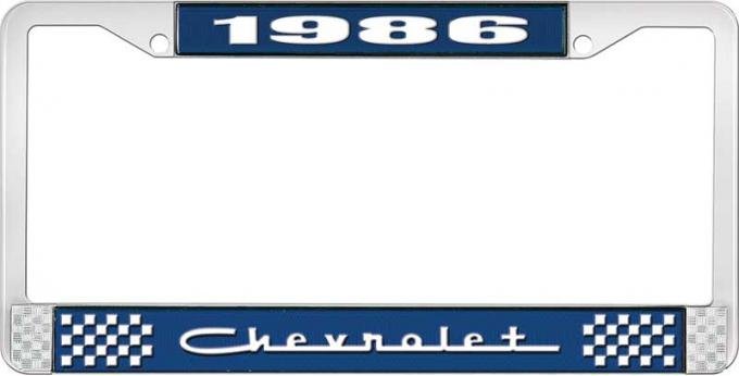 OER 1986 Chevrolet Style # 5 Blue and Chrome License Plate Frame with White Lettering LF2238605B