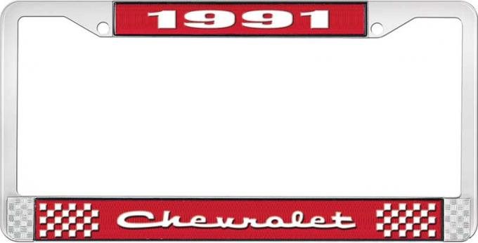 OER 1991 Chevrolet Style # 2 Red and Chrome License Plate Frame with White Lettering LF2239102C