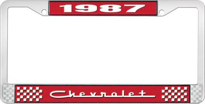 OER 1987 Chevrolet Style # 5 Red and Chrome License Plate Frame with White Lettering LF2238705C