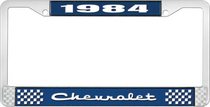 OER 1984 Chevrolet Style # 2 Blue and Chrome License Plate Frame with White Lettering LF2238402B