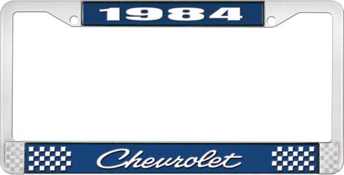 OER 1984 Chevrolet Style # 4 Blue and Chrome License Plate Frame with White Lettering LF2238404B