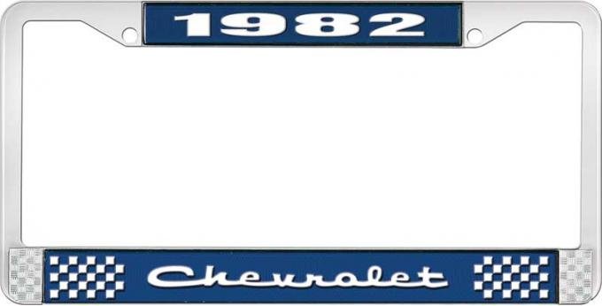 OER 1982 Chevrolet Style # 2 Blue and Chrome License Plate Frame with White Lettering LF2238202B