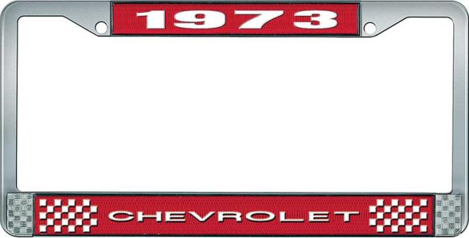 OER 1973 Chevrolet Style # 1 Red and Chrome License Plate Frame with White Lettering LF2237301C
