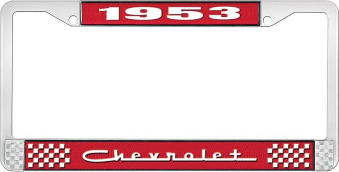 OER 1953 Chevrolet Style #5 Red and Chrome License Plate Frame with White Lettering LF2235305C