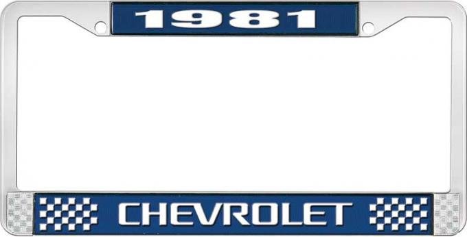OER 1981 Chevrolet Style # 3 Blue and Chrome License Plate Frame with White Lettering LF2238103B