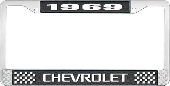 OER 1969 Chevrolet Style # 3 Black and Chrome License Plate Frame with White Lettering LF2236903A