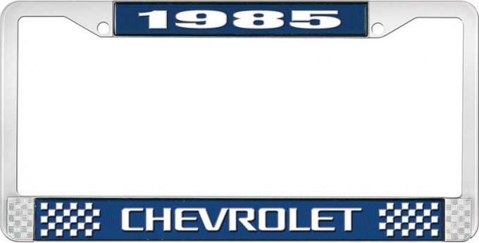 OER 1985 Chevrolet Style # 3 Blue and Chrome License Plate Frame with White Lettering LF2238503B