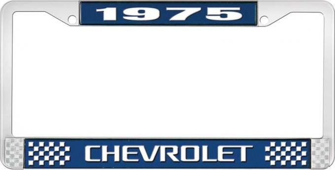 OER 1975 Chevrolet Style # 3 Blue and Chrome License Plate Frame with White Lettering LF2237503B