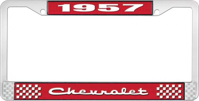 OER 1957 Chevrolet Style #2 Red and Chrome License Plate Frame with White Lettering LF2235702C