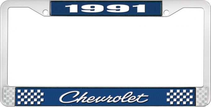 OER 1991 Chevrolet Style # 4 Blue and Chrome License Plate Frame with White Lettering LF2239104B
