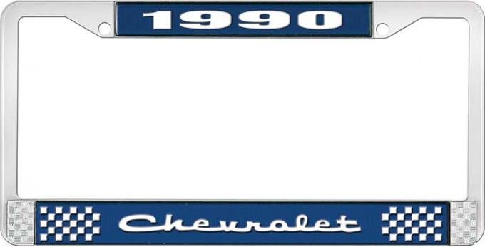 OER 1990 Chevrolet Style # 2 Blue and Chrome License Plate Frame with White Lettering LF2239002B