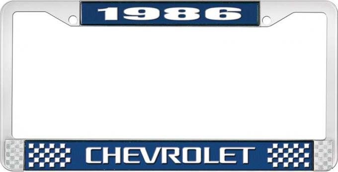OER 1986 Chevrolet Style # 3 Blue and Chrome License Plate Frame with White Lettering LF2238603B