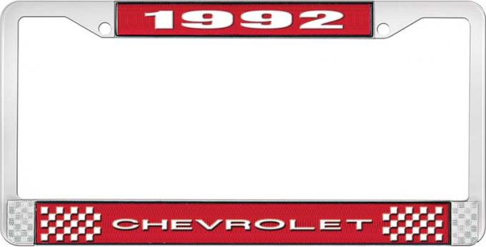 OER 1992 Chevrolet Style # 1 Red and Chrome License Plate Frame with White Lettering LF2239201C