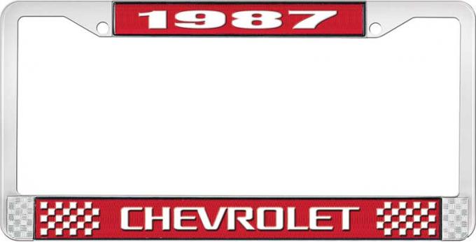 OER 1987 Chevrolet Style # 3 Red and Chrome License Plate Frame With White Lettering LF2238703C