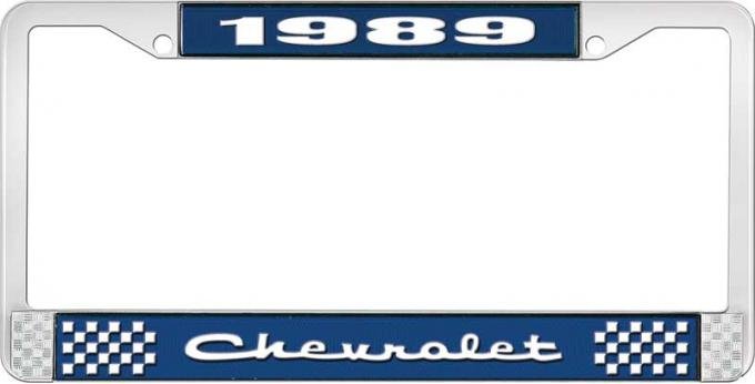OER 1989 Chevrolet Style # 2 Blue and Chrome License Plate Frame with White Lettering LF2238902B