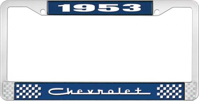 OER 1953 Chevrolet Style #5 Blue and Chrome License Plate Frame with White Lettering LF2235305B