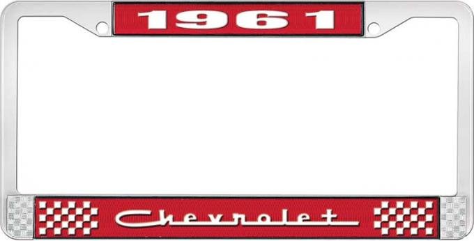 OER 1961 Chevrolet Style #5 - Red and Chrome License Plate Frame with White Lettering *LF2236105C