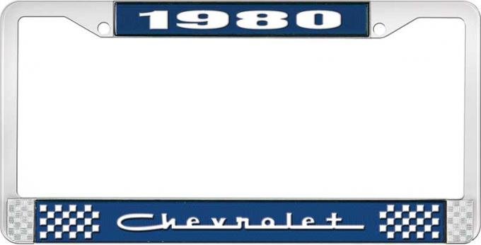 OER 1980 Chevrolet Style # 5 Blue and Chrome License Plate Frame with White Lettering LF2238005B