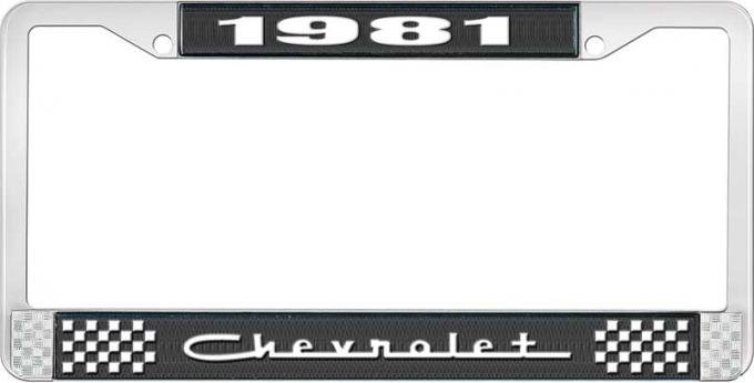 OER 1981 Chevrolet Style # 5 Black and Chrome License Plate Frame with White Lettering LF2238105A