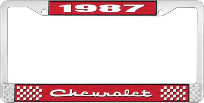 OER 1987 Chevrolet Style # 2 Red and Chrome License Plate Frame with White Lettering LF2238702C