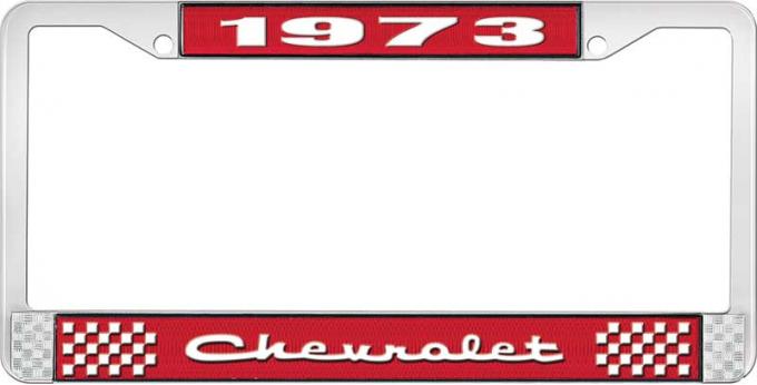 OER 1973 Chevrolet Style # 2 Red and Chrome License Plate Frame with White Lettering LF2237302C