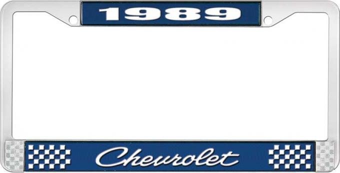 OER 1989 Chevrolet Style # 4 Blue and Chrome License Plate Frame with White Lettering LF2238904B