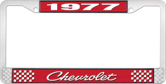 OER 1977 Chevrolet Style # 4 Red and Chrome License Plate Frame with White Lettering LF2237704C