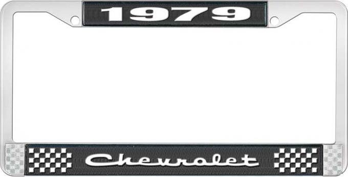 OER 1979 Chevrolet Style # 2 Black and Chrome License Plate Frame with White Lettering LF2237902A