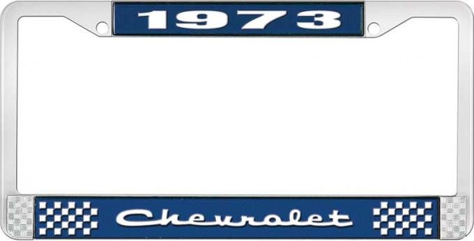 OER 1973 Chevrolet Style # 2 Blue and Chrome License Plate Frame with White Lettering LF2237302B