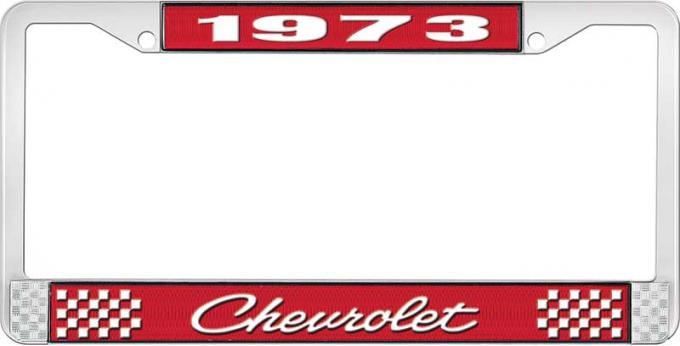 OER 1973 Chevrolet Style # 4 Red and Chrome License Plate Frame with White Lettering LF2237304C
